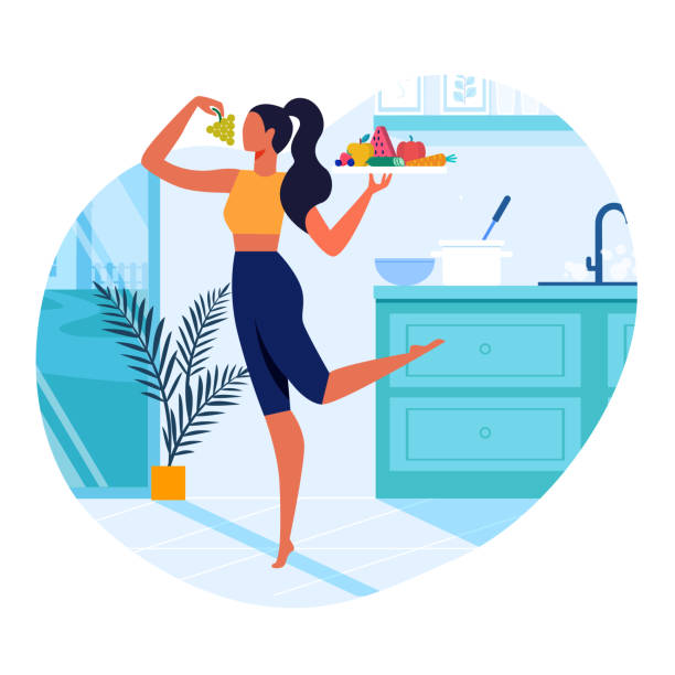 illustrations, cliparts, dessins animés et icônes de fille avec l'illustration saine de vecteur plat de nourriture - healthy eating healthcare and medicine healthy lifestyle people