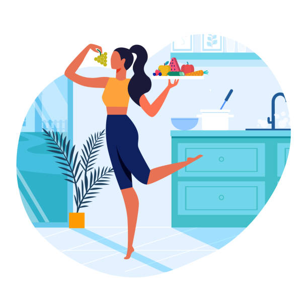 Girl with Healthy Food Flat Vector Illustration Girl with Healthy Food Flat Vector Illustration. Slim Young Woman in Kitchen Cartoon Character. Vegetarian Holding Serving Tray with Fresh Fruits and Vegetables. Healthy Lifestyle, Vegan Nutrition eating illustrations stock illustrations