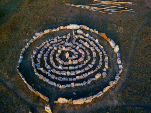 istock Spiral labyrinth made of stones, top view from drone 1170477083