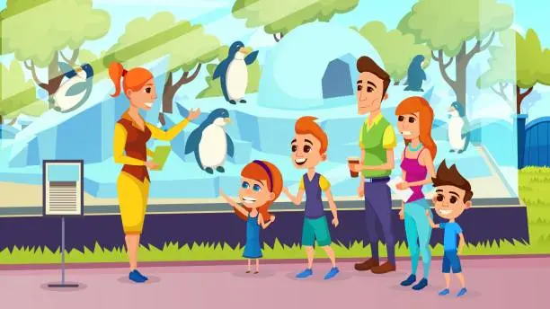 Vector illustration of Parents with Kids Excursion with Guide in Zoo