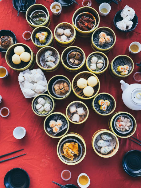Overhead view of variety of delicious Chinese dimsum for breakfast stock photo