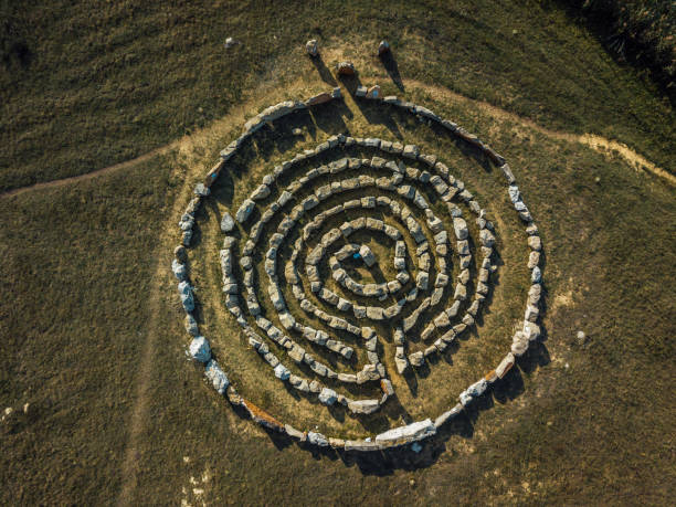 istock Spiral labyrinth made of stones, top view from drone 1170478457