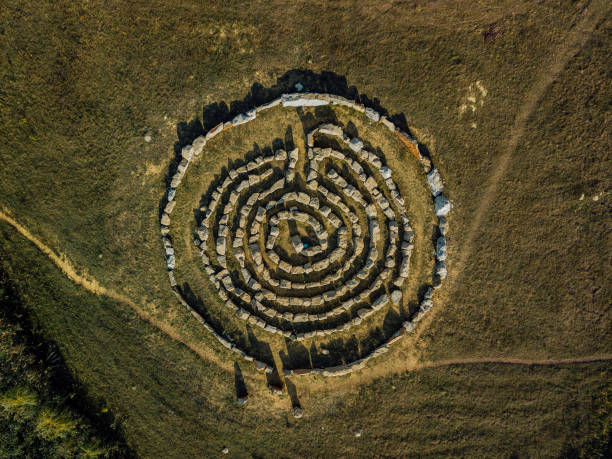 istock Spiral labyrinth made of stones, top view from drone 1170478507