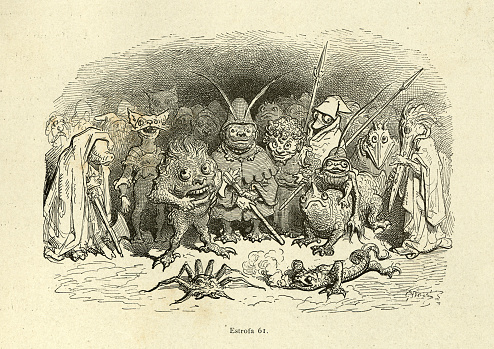 Vintage illustration from the story Orlando Furioso. Mythical monsters, goblins and beasts. Orlando Furioso (The Frenzy of Orlando) an Italian epic poem by Ludovico Ariosto, illustrated by Gustave Dore. The story is also a chivalric romance which stemmed from a tradition beginning in the late Middle Ages.