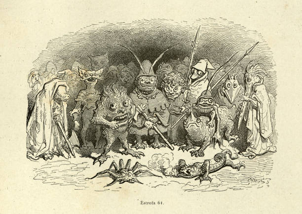 Mythical monsters, goblins and beasts. Orlando Furioso Vintage illustration from the story Orlando Furioso. Mythical monsters, goblins and beasts. Orlando Furioso (The Frenzy of Orlando) an Italian epic poem by Ludovico Ariosto, illustrated by Gustave Dore. The story is also a chivalric romance which stemmed from a tradition beginning in the late Middle Ages. goblin stock illustrations