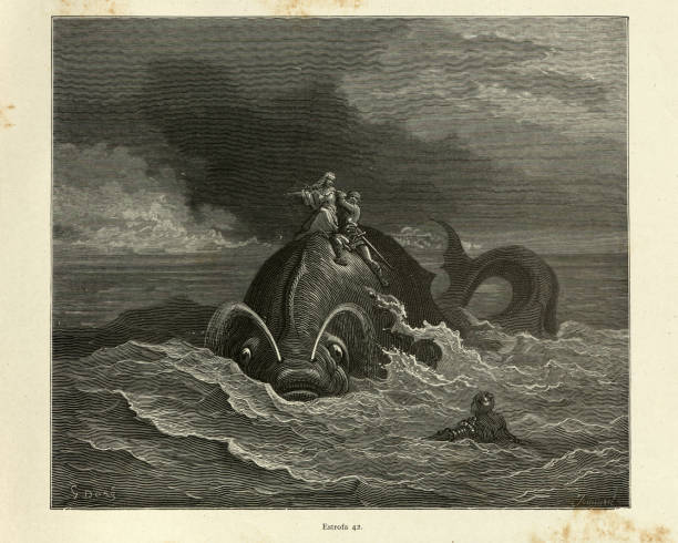 Heroes riding of back of Sea monster, or whale Vintage illustration from the story Orlando Furioso. Heroes riding of back of Sea monster, or whale. Orlando Furioso (The Frenzy of Orlando) an Italian epic poem by Ludovico Ariosto, illustrated by Gustave Dore. The story is also a chivalric romance which stemmed from a tradition beginning in the late Middle Ages. sea monster stock illustrations