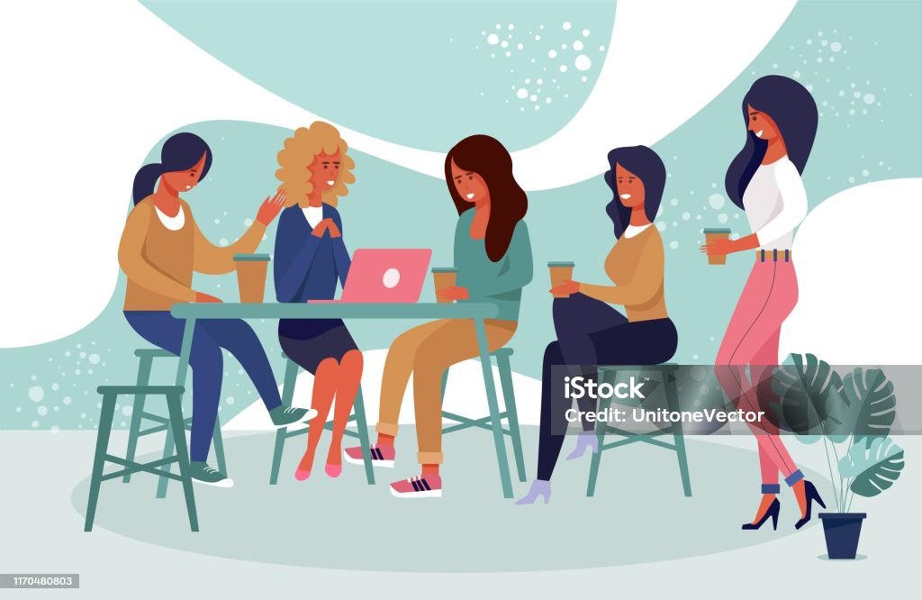 Happy Female Friends Group Characters Rest At Cafe Stock Illustration -  Download Image Now - Meeting, Coffee - Drink, Women - iStock