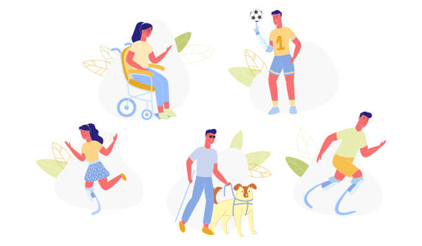 People and Pet with Disabilities Doing Activity. People and Pets with Disabilities and Health Problems Doing Activities and Enjoying Life Flat Cartoon Vector Illustration. Boy and Girl Running with Leg Prosthesis, Teenager with Implan Arm Playing. disabled woman running stock illustrations