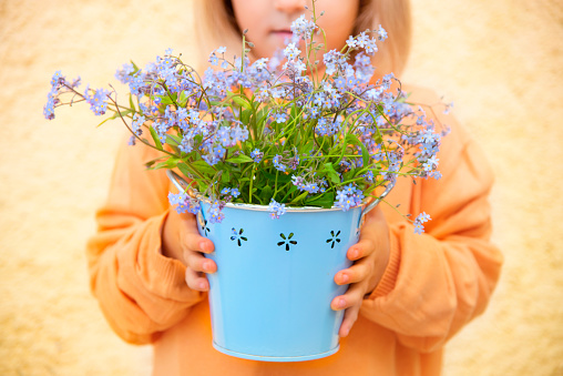 Little Girl Holding Blue Wild Flowers