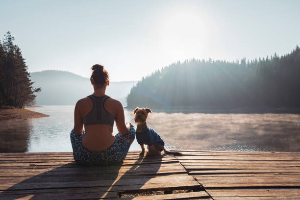 Woman practicing yoga at wild lake. Rear view of woman practicing yoga on wooden pier at mountain lake. animal care equipment photos stock pictures, royalty-free photos & images