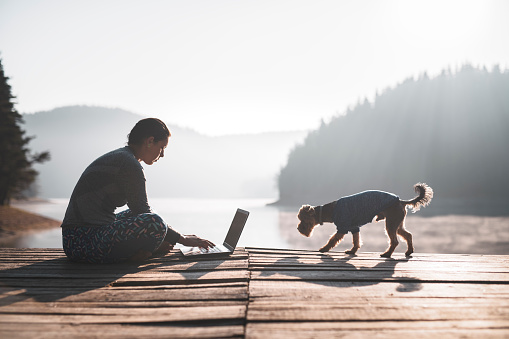 Beautiful Latino woman sitting on wooden pier with her lovely dog and using laptop at sunrise morning.
