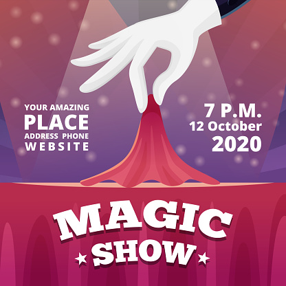 Magic show invitation. Poster of circus show with vector picture of magician male in black costume and white gloves vector template. Illustration of performance entertainment, circus magical wizardry