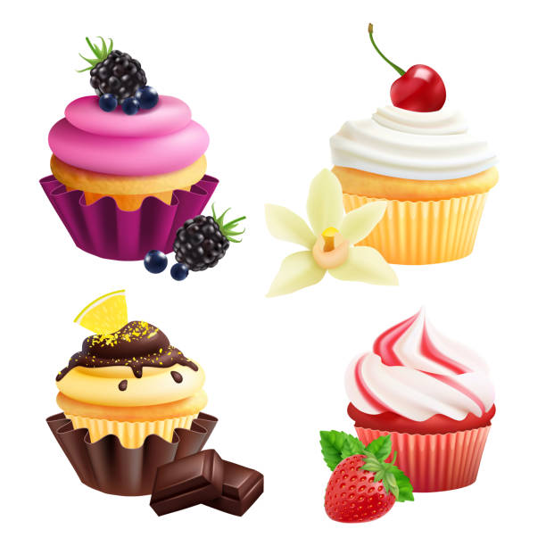 illustrazioni stock, clip art, cartoni animati e icone di tendenza di collezione cupcakes. muffin realistici con crema, frutta, vaniglia, cioccolato. cupcake vettoriali isolati su sfondo bianco - muffin blueberry muffin blueberry isolated