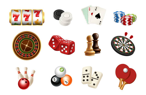 illustrazioni stock, clip art, cartoni animati e icone di tendenza di icone dei giochi sportivi di casinò e gioco d'azzardo. scacchi vettoriali realistici, birilli, palle, roulette del casinò, slot machine - cards poker gambling chip dice