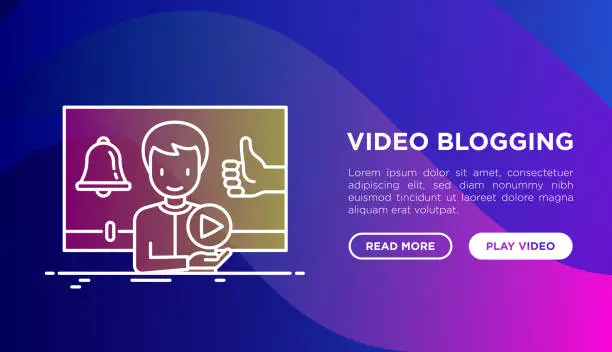 Vector illustration of Video blogging concept with thin line icons: blogger in vlog with thumbs up and bell. Modern vector illustration, web page template on gradient background.