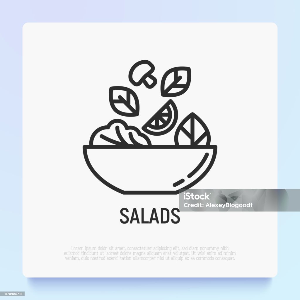 Ensalada en el icono de la línea fina del tazón. Comida saludable. Ilustración vectorial moderna para barra de ensaladas. - arte vectorial de Ícono libre de derechos