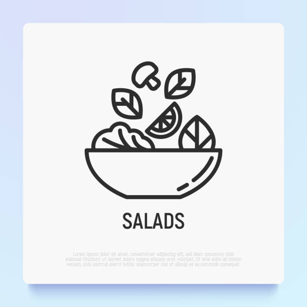 ilustraciones, imágenes clip art, dibujos animados e iconos de stock de ensalada en el icono de la línea fina del tazón. comida saludable. ilustración vectorial moderna para barra de ensaladas. - ensalada