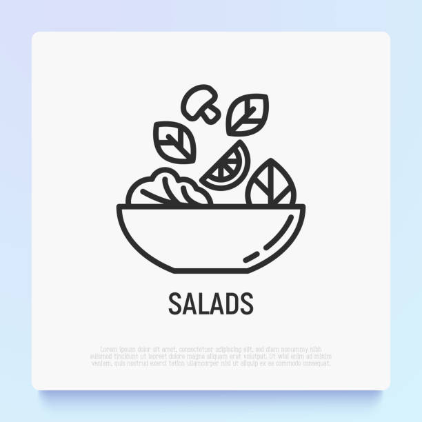 kasede salata ince çizgi simgesi. sağlıklı yiyecekler. salata bar ı için modern vektör illüstrasyon. - öğün stock illustrations