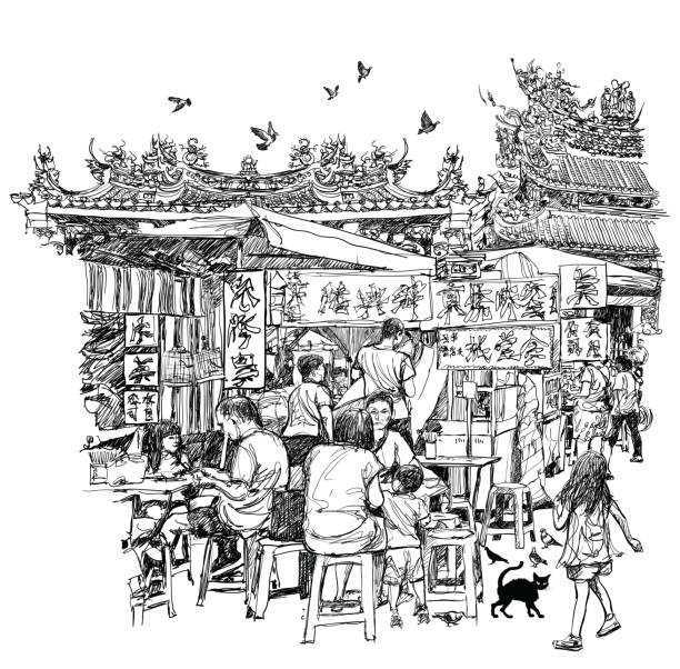 Street food in China near a temple Street food in China near a temple - vector illustration (all chinese characters are fictitious) street food stock illustrations