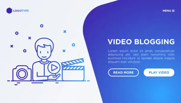 Vector illustration of Video blogging concept with thin line icons: blogger making video with camera and play button. Modern vector illustration, web page template on gradient background.