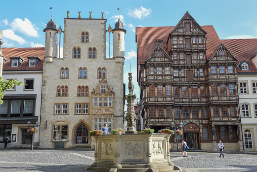 Hildesheim, Germany - 1 July 2019: Historical market square in Hildesheim on Germany