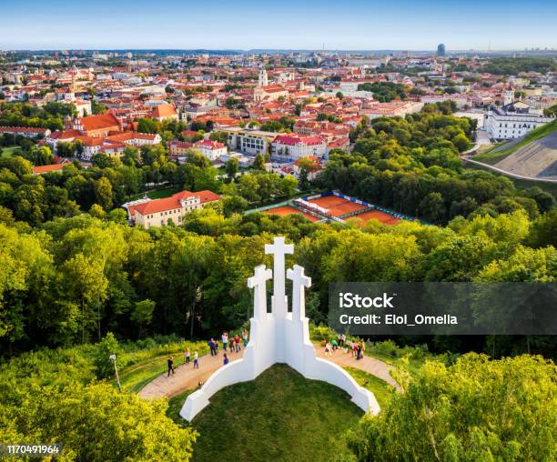 Aerial View Of The Three Crosses Monument Overlooking Vilnius Old Town On Sunset Vilnius Landscape From The Hill Of Three Crosses Lithuania Stock Photo - Download Image Now