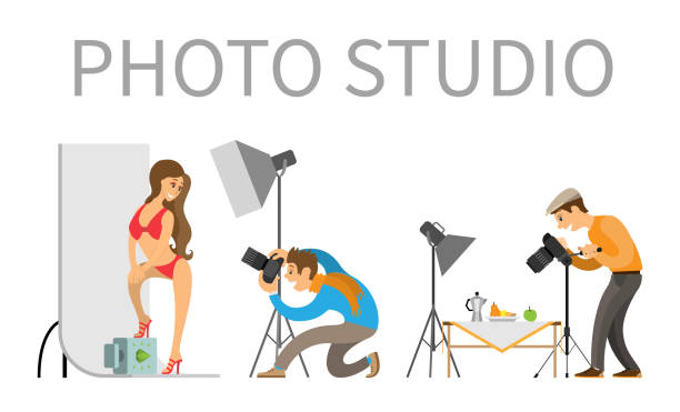 fotograf und model im badeanzug im fotostudio - high heels flash stock-grafiken, -clipart, -cartoons und -symbole