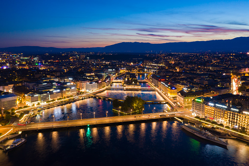 Aerial  night view of Geneva city waterfront skyline in Switzerland