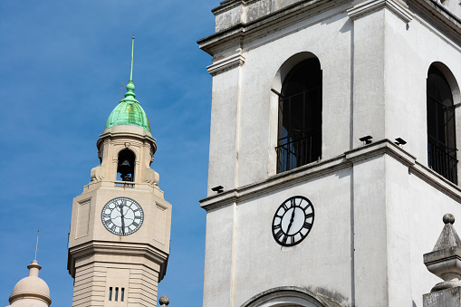 Buenos Aires, Argentina. August 19, 2019. The Buenos Aires Cabildo and the Palace of the Buenos Aires City Legislature Clock Tower