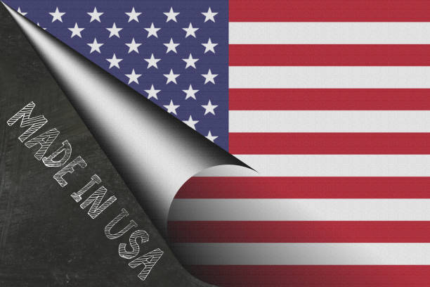 flag of america and slogan made in usa - buy usa american culture made in the usa imagens e fotografias de stock