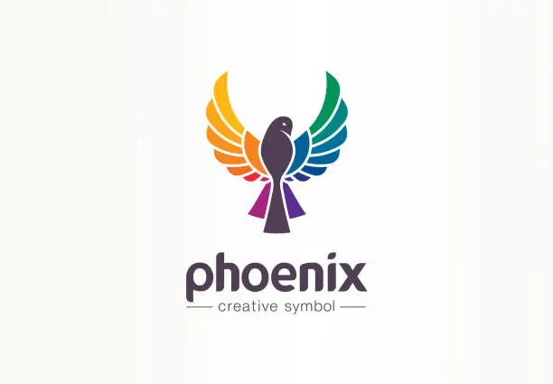 Vector illustration of Color phoenix creative symbol concept. Freedom, beautiful, fashion abstract business idea. Bird in flight silhouette, rainbow icon