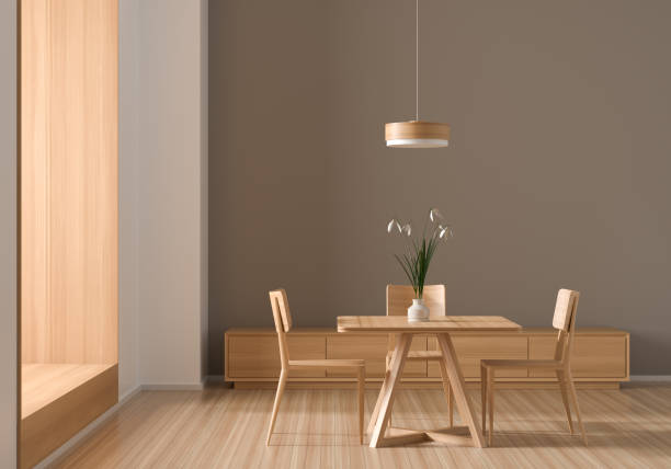 istock Spacious modern dining room with wooden chairs and table.  Minimalist dining room design. 3D illustration. 1170497985
