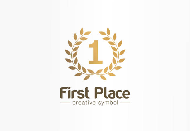 First place, number one, golden laurel wreath creative symbol concept. Trophy, prize abstract business idea. Award, win, winner icon First place, number one, golden laurel wreath creative symbol concept. Trophy, prize abstract business idea. Award, win, winner icon. Graphic design tamplate gold number 1 stock illustrations