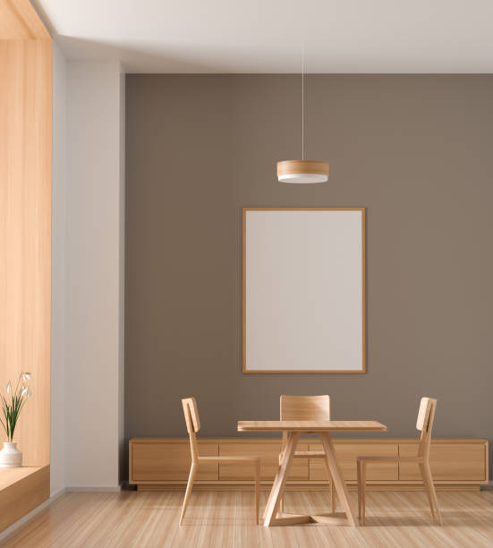 istock Mock up poster frame in spacious modern dining room with wooden chairs and table.  Minimalist dining room design. 3D illustration. 1170498652