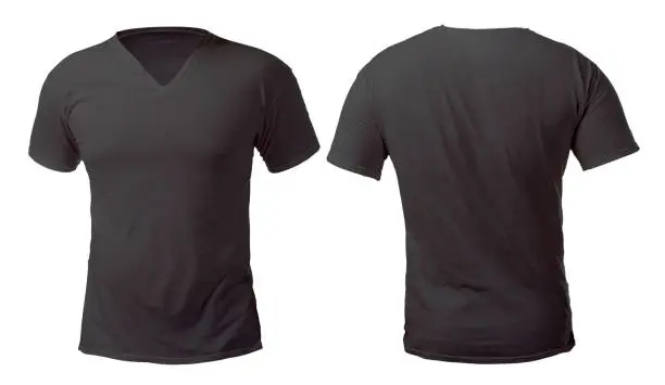 Blank black v- neck shirt mock up template, front and back view, isolated on white, plain v neck t-shirt mockup. Tee sweater sweatshirt design presentation for print.
