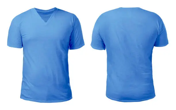 Blue v-neck t-shirt mock up, front and back view, isolated. Male model wear plain blue shirt mockup. V Neck shirt design template. Blank tees for print