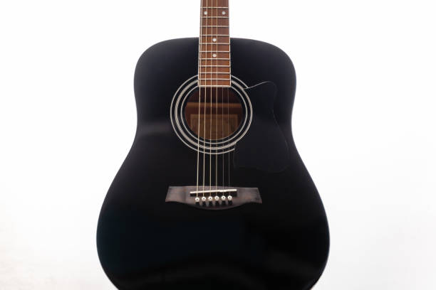 istock Black classical guitar detail in front of white background 1170500786