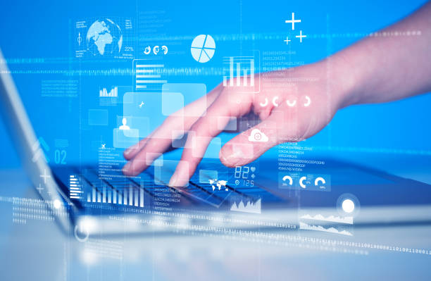 istock Keyboard buttons pressed by hand with high tech icons 1170501558