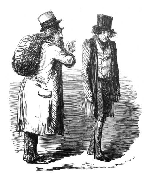 istock British satire comic cartoon caricatures illustrations - Man with two hats and a bag talking to a man walking by 1170502946