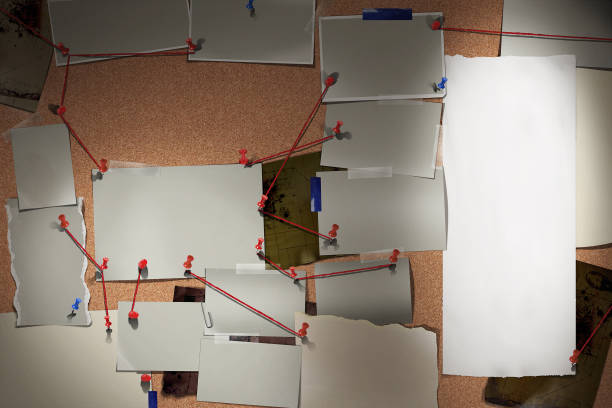 Detective board with photos of suspected criminals, crime scenes and evidence with red threads Investigation Board / Research Panel with photos, photo spaces, text space, title space. With red wires connecting dots, cork base. organized crime photos stock pictures, royalty-free photos & images