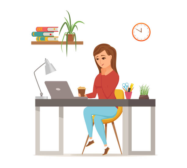 Mujer trabajando en el concepto de vector de colores de la computadora. Estilo plano de dibujos animados