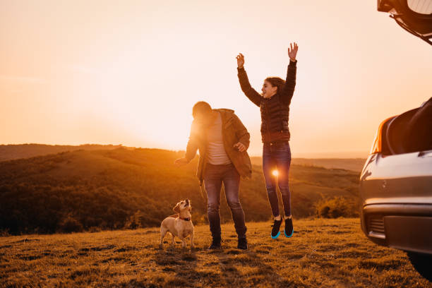 istock Father and daughter playing with dog at camping 1170503621