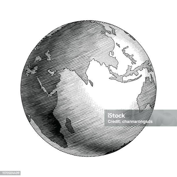 빈티지 글로브 손 그리기 빈티지 스타일 흑백 클립 아트 고립 에 흰색 배경 지구본에 대한 스톡 벡터 아트 및 기타 이미지 - 지구본, 행성, 행성 지구