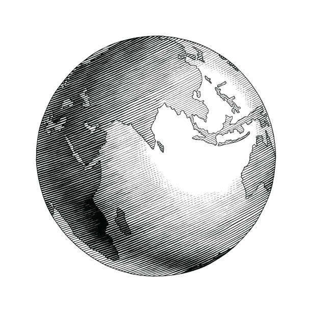античный глобус ручной рисунок старинный стиль черно-белый клип искусства изолированы на белом фоне - планета иллюстрации stock illustrations