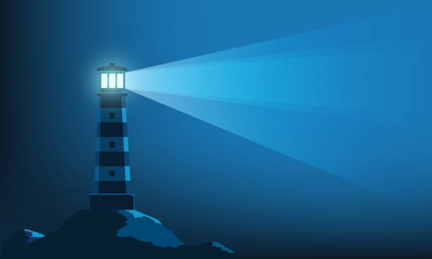 ilustraciones, imágenes clip art, dibujos animados e iconos de stock de torre del faro con un rayo de luz en la oscuridad - direction sea lighthouse landscape