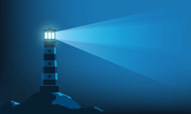 Lighthouse tower with a ray of light in the dark Lighthouse tower with a ray of light in the dark. Natural landscape background. Vector illustration Beacon stock illustrations