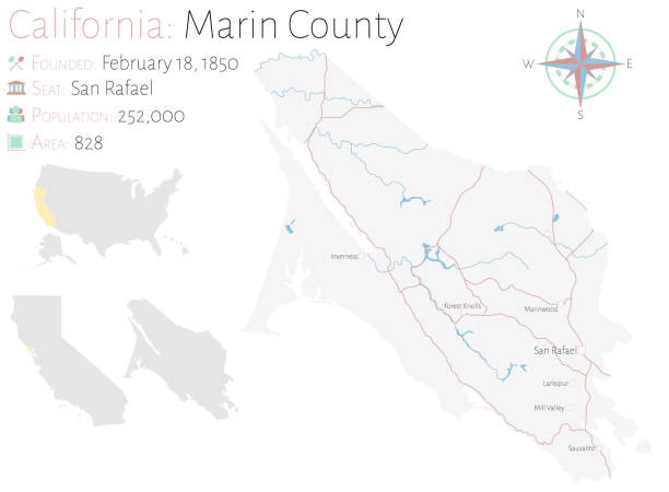 illustrazioni stock, clip art, cartoni animati e icone di tendenza di mappa della contea di marin in california - marin county