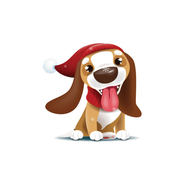 ilustraciones, imágenes clip art, dibujos animados e iconos de stock de cachorro lindo divertido en un sombrero sentado bajo la nevada - pet collar