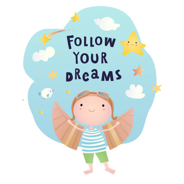 Card Design With A Cartoon Boy With Mechanical Wings Little Dreamer Pilot  Stock Illustration - Download Image Now - iStock