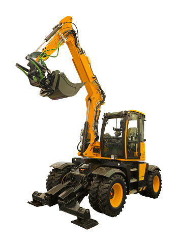 Wheeled excavator designed for the development of soils and bulk materials isolated on a white background